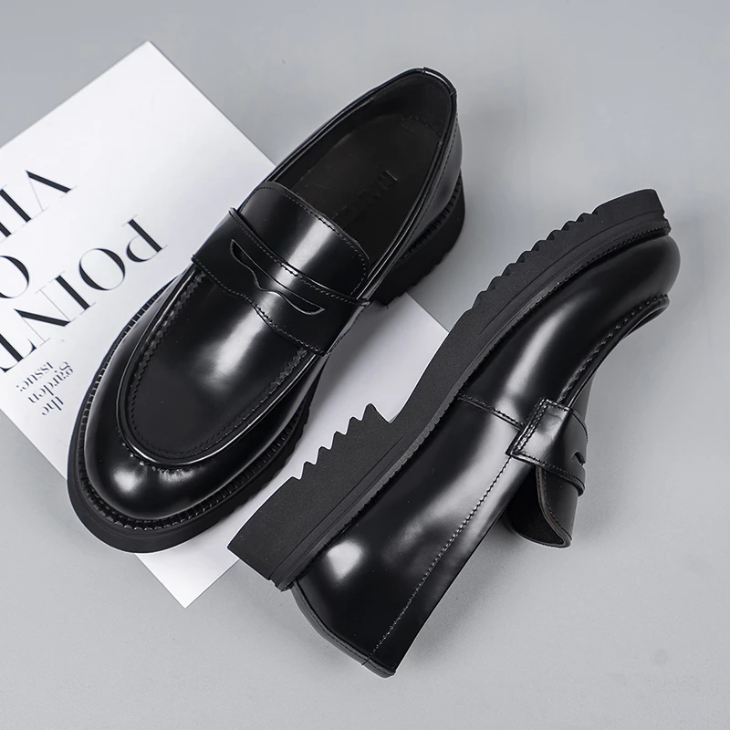 欧洲站头层牛皮厚底乐福鞋透气百搭男士商务一脚蹬休闲皮鞋英伦风