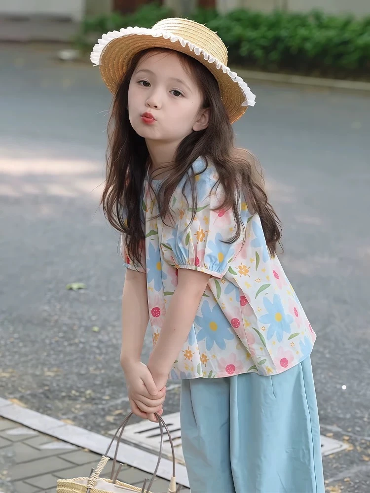 柳柳定制  2025儿童夏季新款莫奈花园蓝色碎花套装  880777