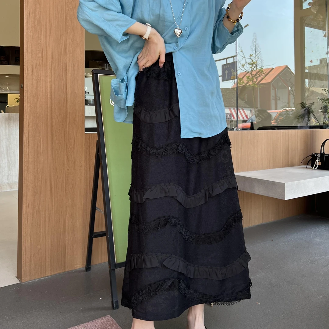 现货【薇薇绮】设计感蕾丝木耳边半身裙松紧腰显瘦女2025新款 D191