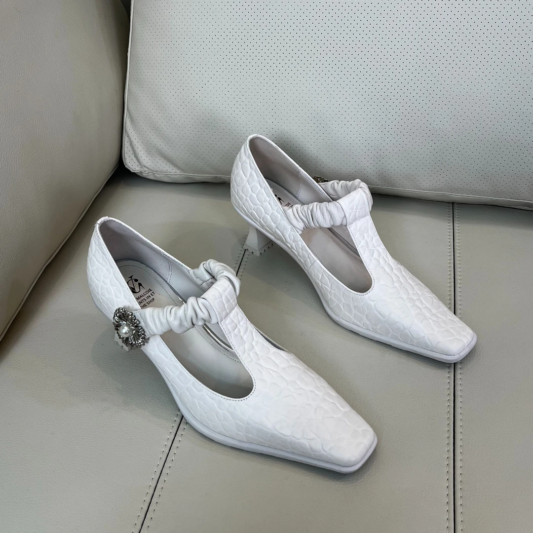 范戈希七七跟5cm牛羊皮气质粗跟百搭运动底百搭石头纹方头单鞋