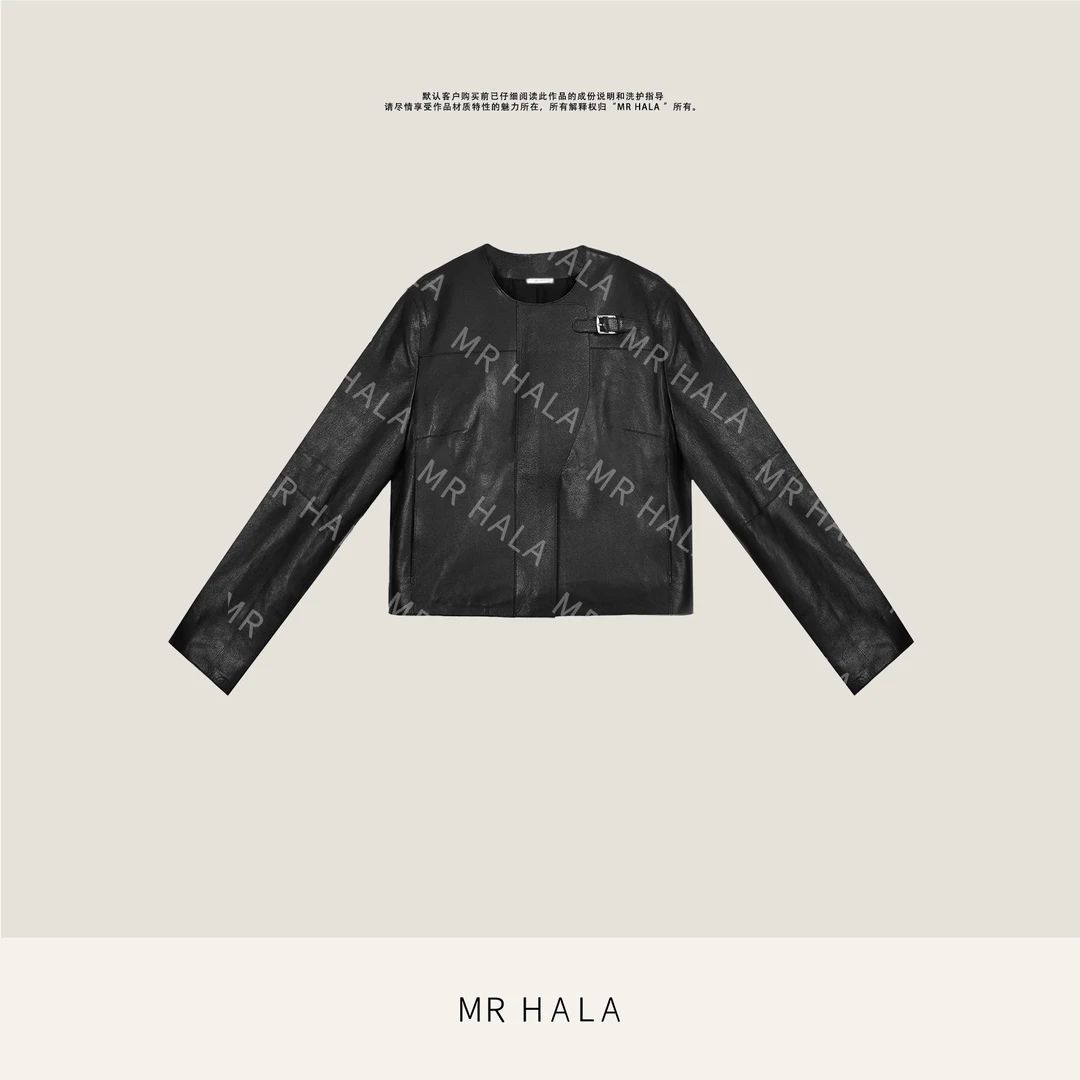 MRHALA俊瑞植鞣无涂雾面山羊皮拉链搭扣长袖夹克式外套女 LW50213