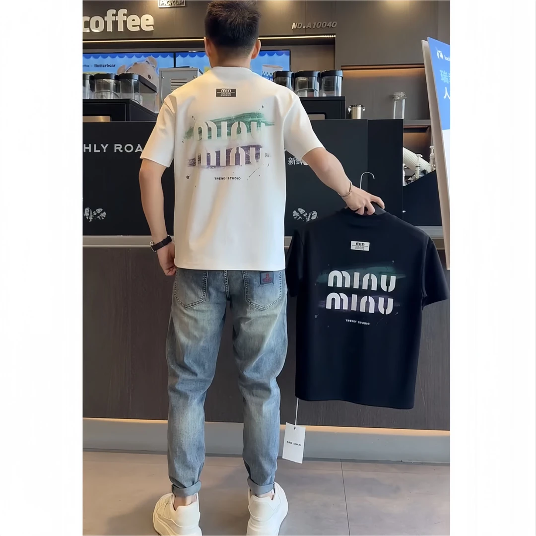 2025年夏季新款短袖t恤男士美式潮牌透气体恤衫正肩印花潮流上衣