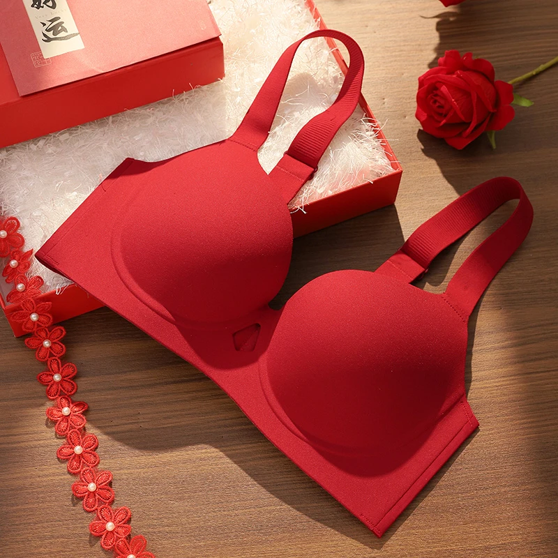 红色本命年内衣女软钢圈聚拢防下垂大码文胸无痕薄款胸罩2024新款