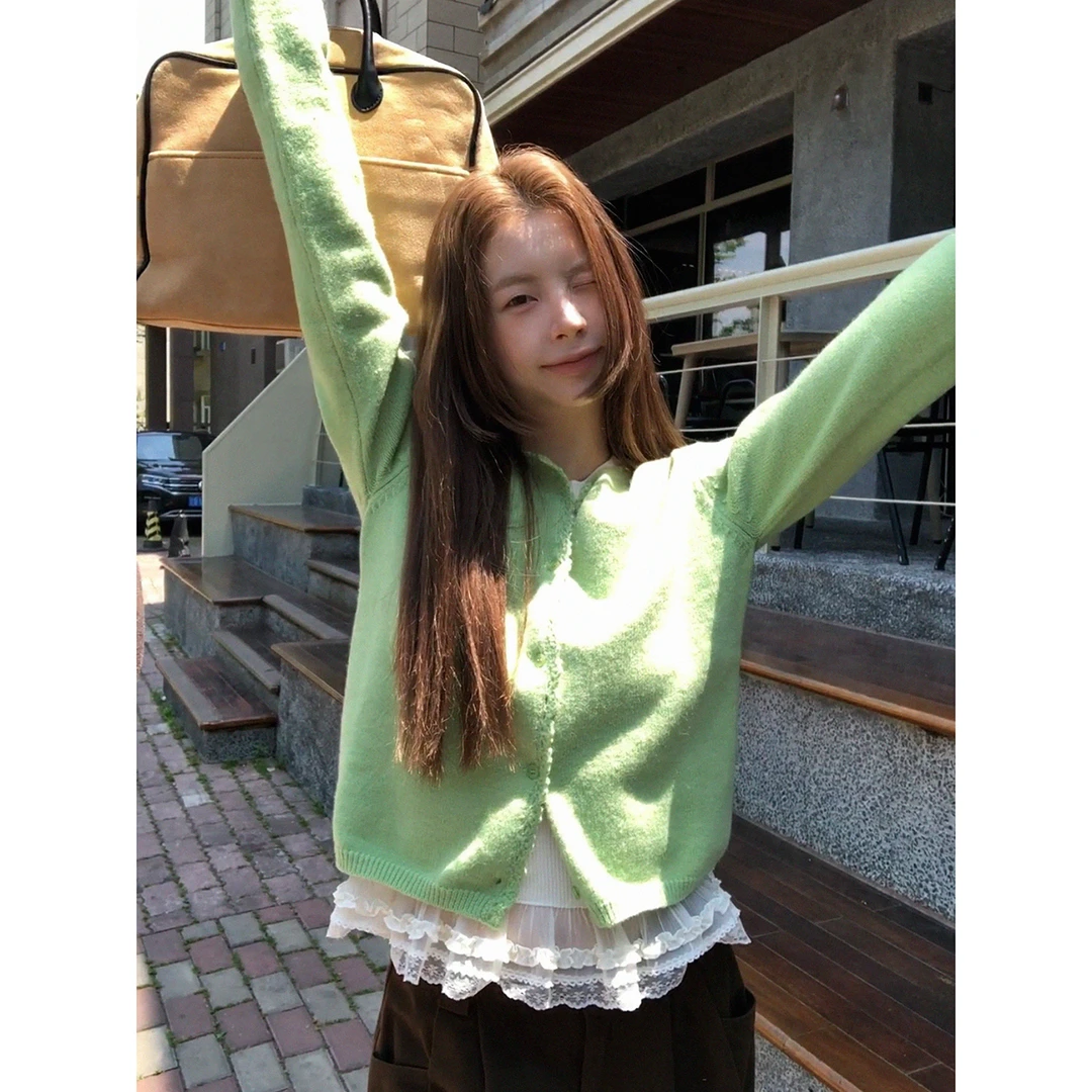 【纽约】秋季韩系慵懒小清新花边宽松圆领针织衫5274#