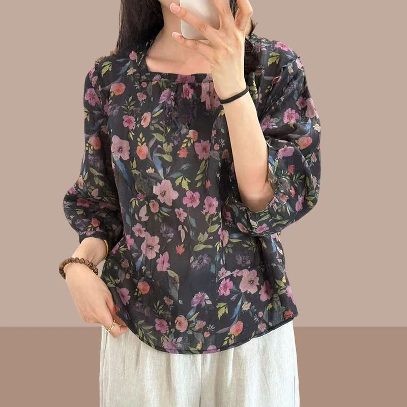 苎麻衬衫女2025年夏季时尚新款复古洋气通勤百搭繁花宽松中袖上衣