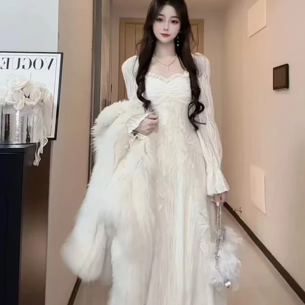 大码胖mm秋冬新款加绒法式优雅荷叶边连衣裙中长款收腰显瘦长裙