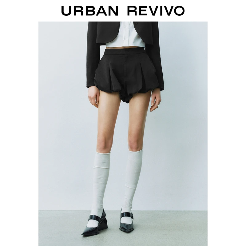 UR2025春季新款女装欧若风简约休闲压褶高腰花苞短裤UYU650013