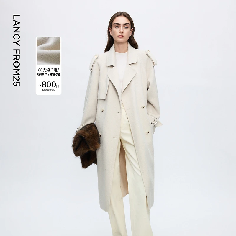 朗姿羊毛翻领复古时尚双面呢外套气质通勤呢子大衣2025年冬季新款
