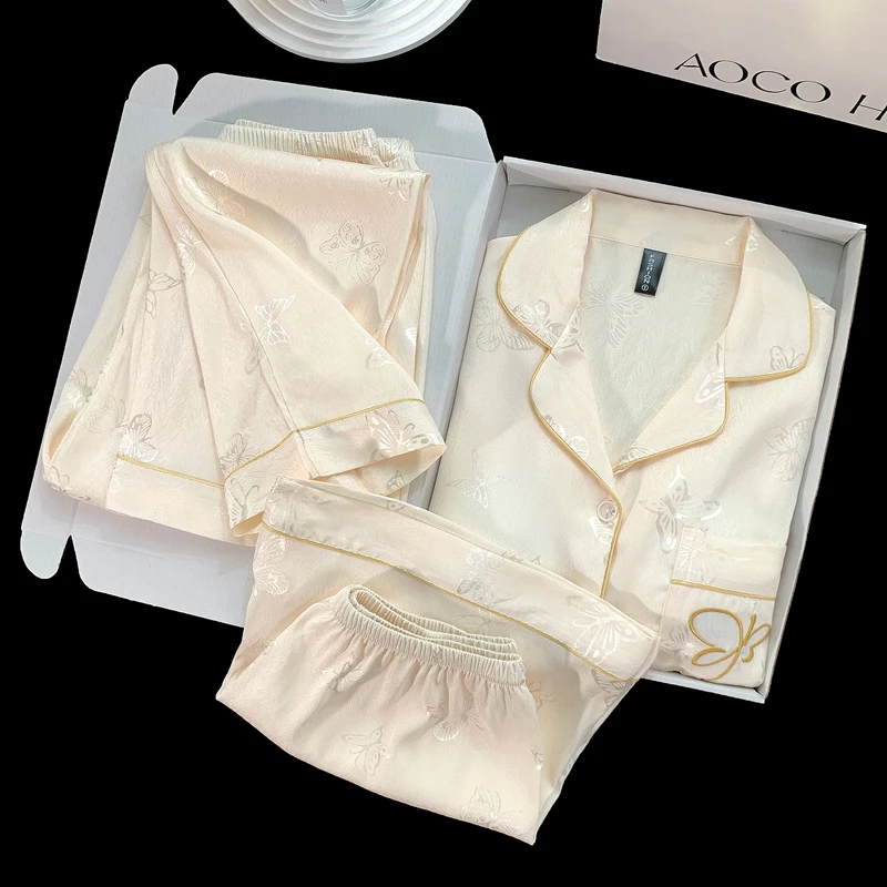 高档爆款夏季带胸垫短袖冰雪丝睡衣女新款冰丝三件套女家居服套装