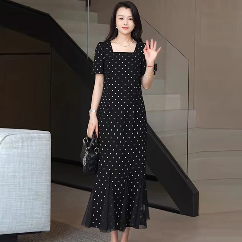 设计感高端大码拼接网纱波点长裙夏季新款时尚显瘦气质鱼尾连衣裙