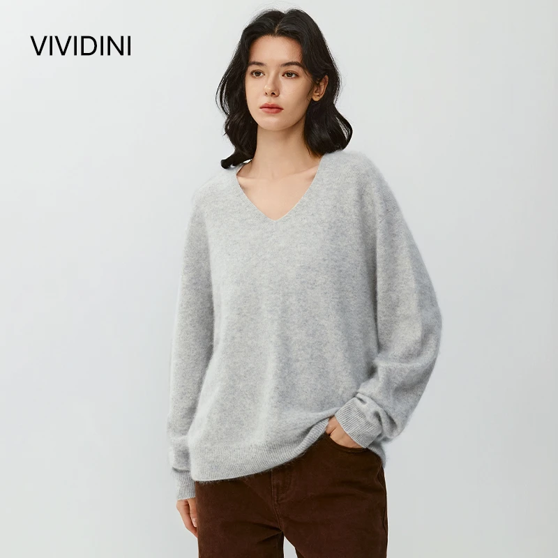 VIVIDINI 慵懒休闲V领拉毛绵羊毛羊绒针织套头羊毛衫