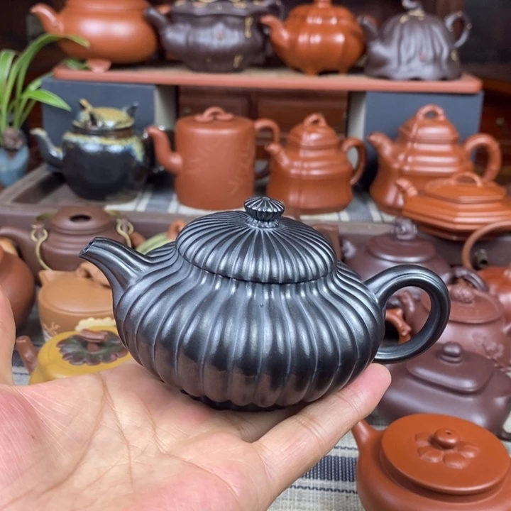 紫砂茶壶筋纹合欢200CC原矿赵庄朱泥捂灰工艺