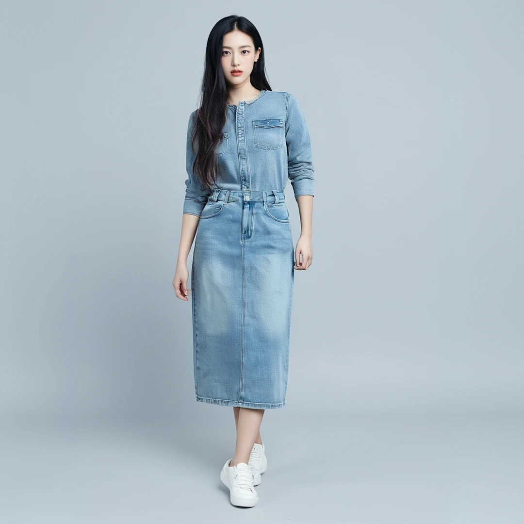 58089-后开叉牛仔半身裙女2025年新款夏季韩版高腰中长款显瘦裙子