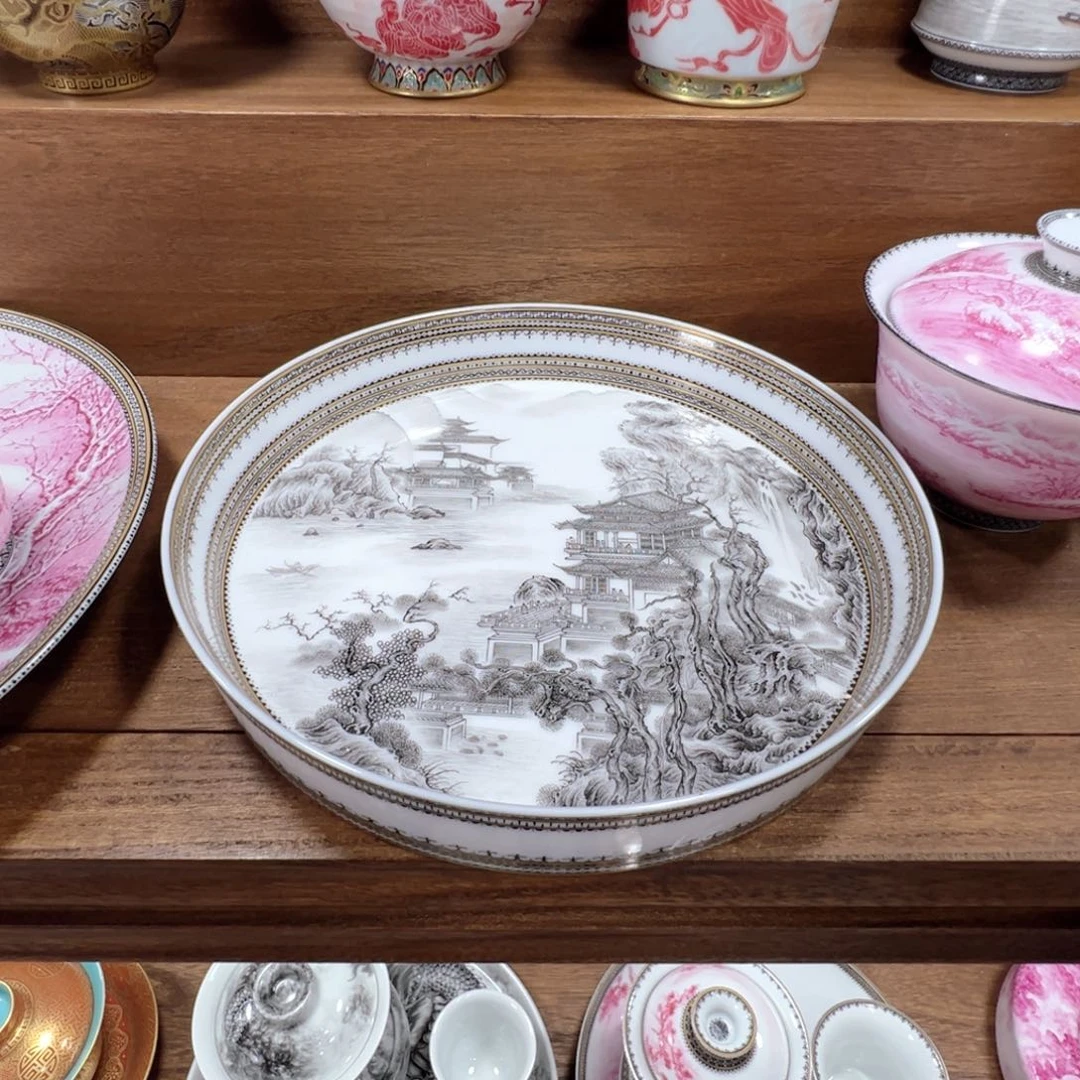 墨彩楼阁山水壶承