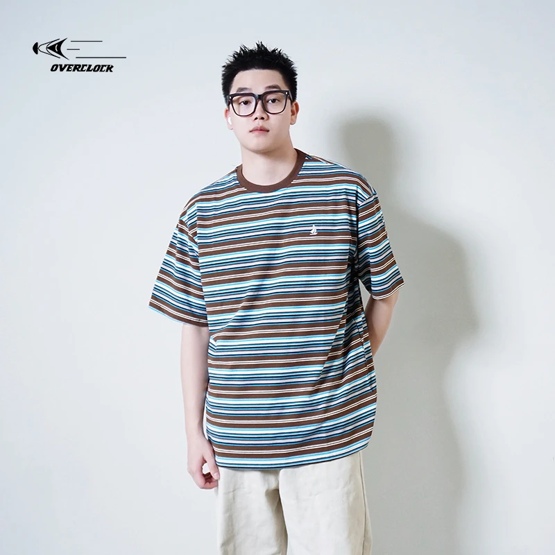 复古撞色条纹休闲短袖T恤宽松上衣男夏季新款质感刺绣圆领半袖