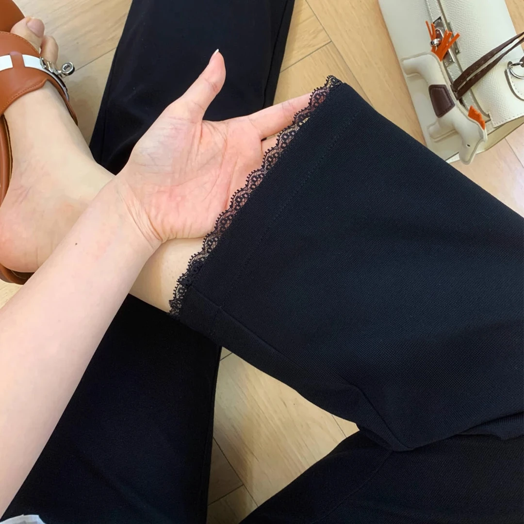 蕾丝边黑色高腰直筒休闲裤女夏薄款小个子梨型身材遮胯显瘦九分裤