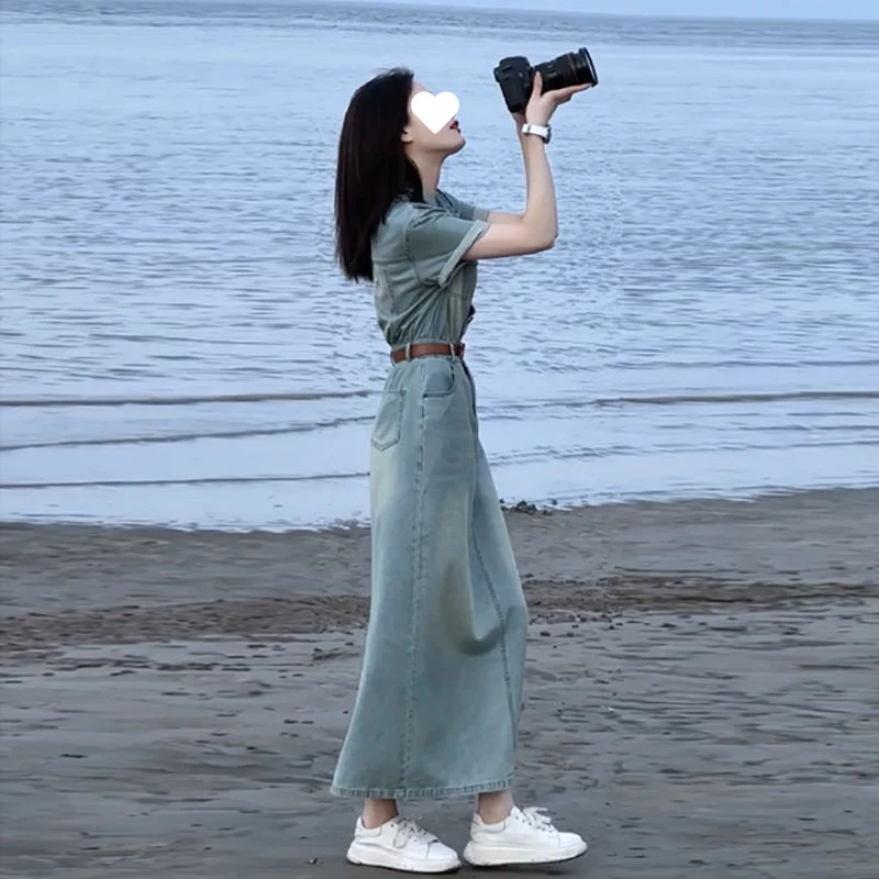 美式蓝色牛仔连衣裙女夏季裙子2023夏装新款港味复古chic高腰长裙