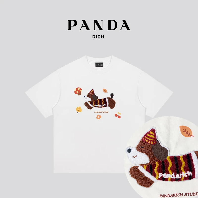 毛巾绣腊肠狗纯棉T恤卡通休闲短袖夏季纯色圆领情侣半袖百搭ins