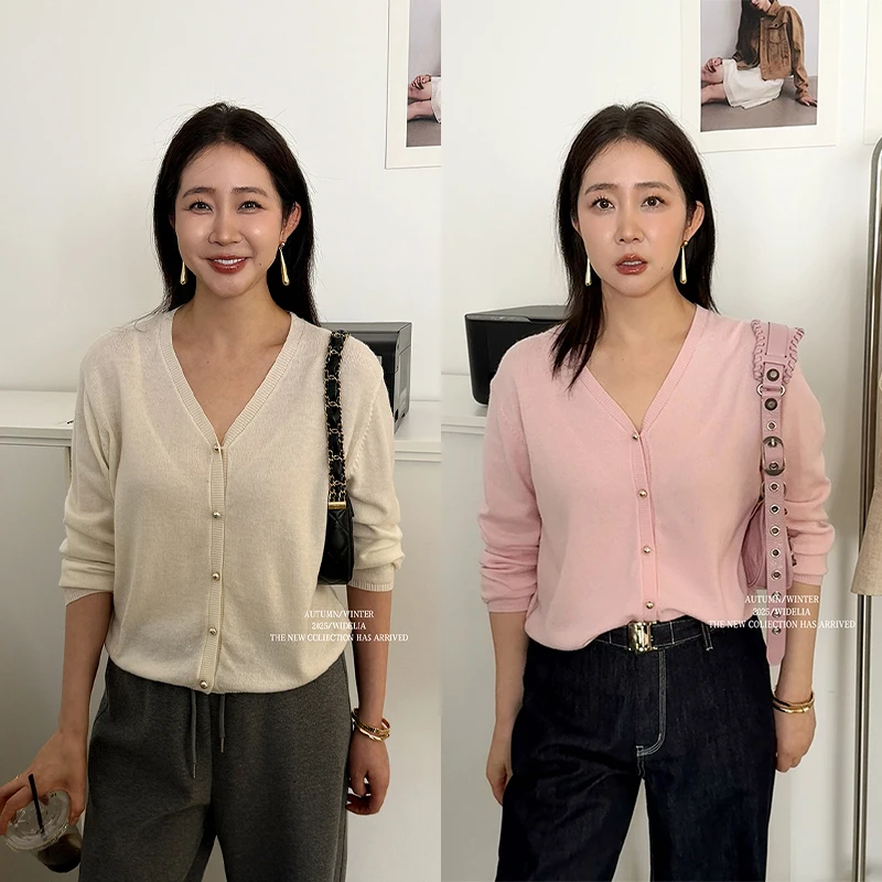 widelia秋冬款韩版10125 宽松简约气质温百搭温柔V领通勤针织开衫