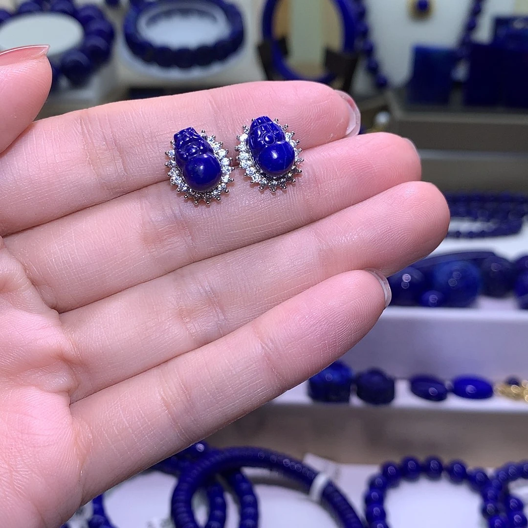 青金石合金天然原矿耳钉