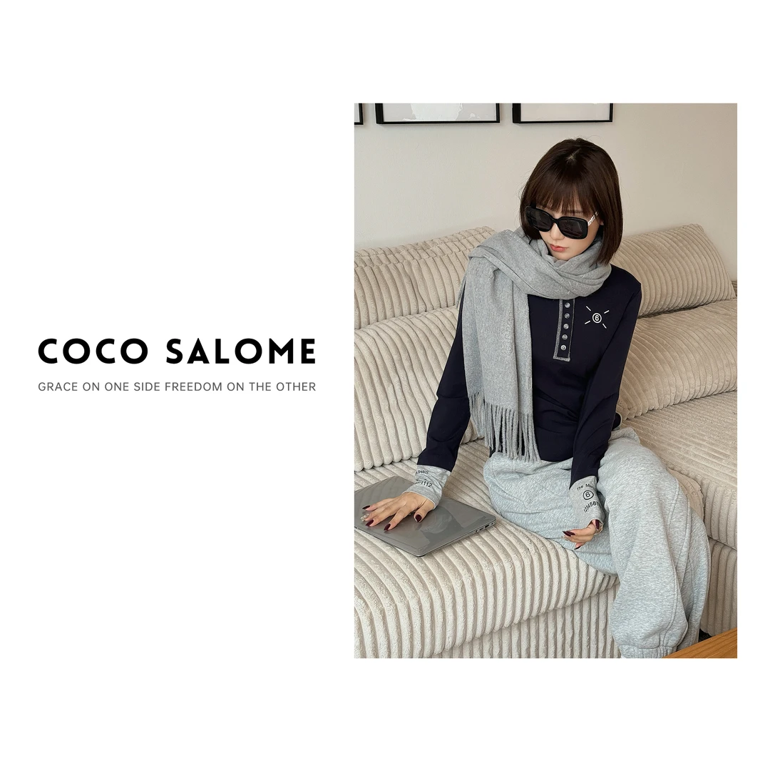 COCOSALOME⑥【重叠配方】天丝磨毛拼接撞色设计半开扣长袖501Y