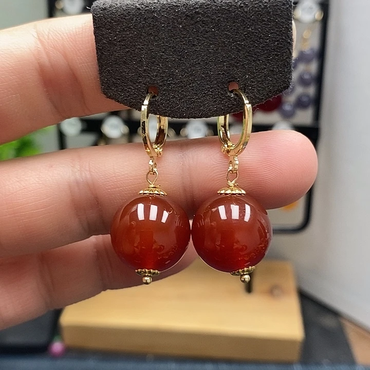 南红玛瑙银S925镀金镶嵌耳饰尺寸16mm