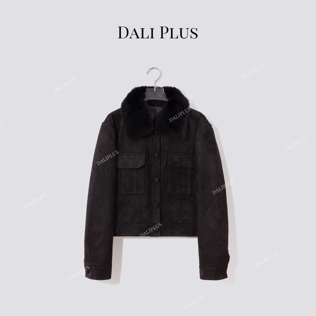 DALI PLUS”琥珀系列“黑色皮绒拼接贝贝狐90鹅绒羽绒服-D5MM3035-1