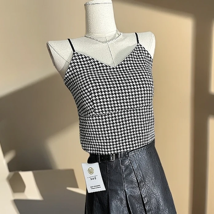 时尚可外穿带胸垫小香风千鸟格吊带背心显瘦薄款气质新款内搭打底