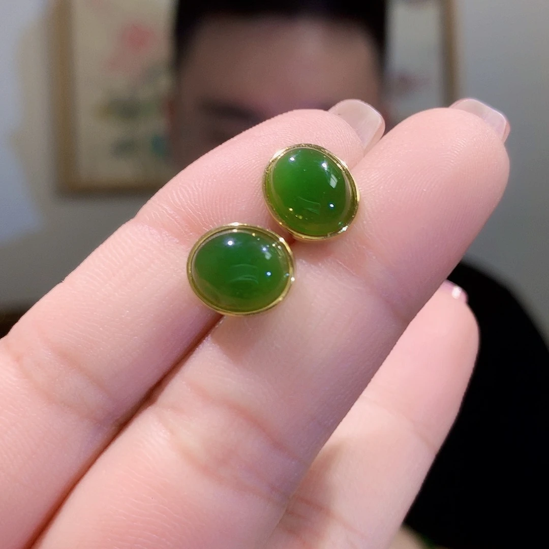 和田玉（碧玉）耳饰银S925镀金镶嵌