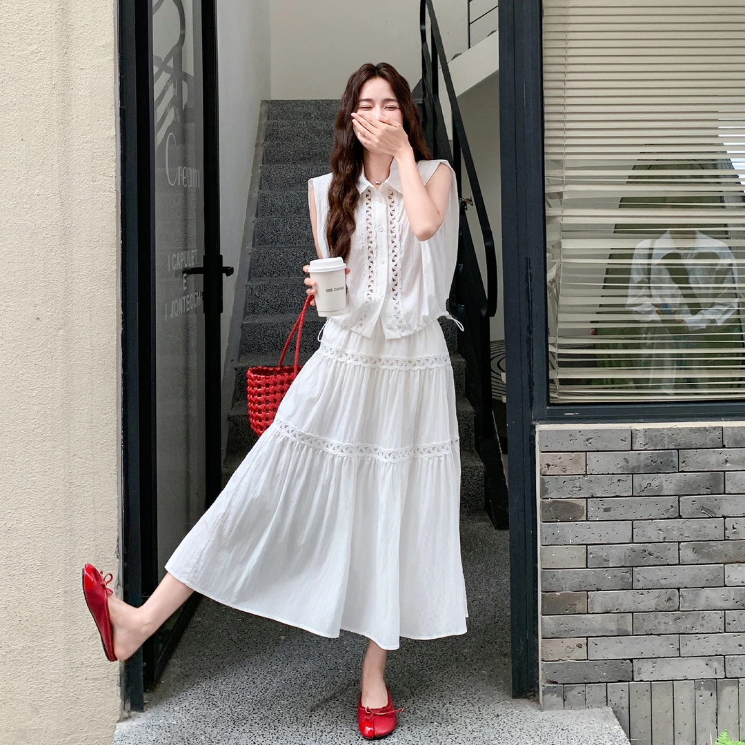 欧洲站2025春季新镂空蕾丝花边褶皱翻领衬衫+松紧腰半身裙套装女