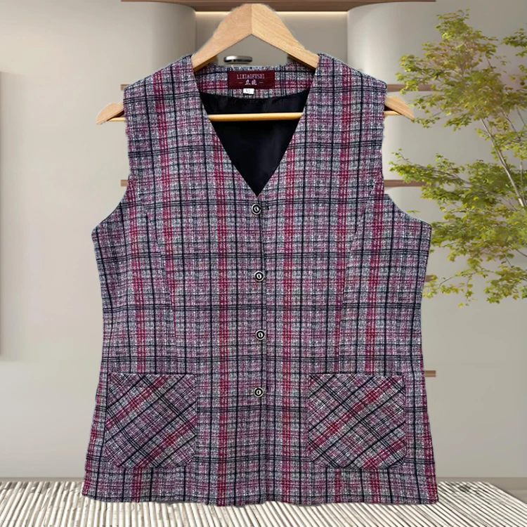 格子款马甲妈妈款免烫春秋格子薄款简约风马夹中老年奶奶马甲百搭