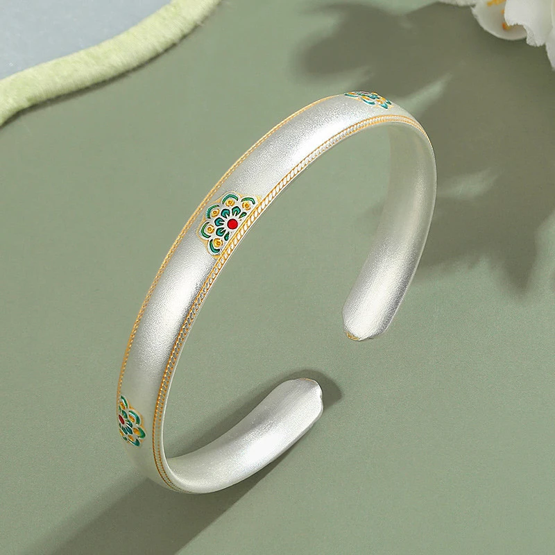 足银手镯 五朵宝相花银手镯9999银开口实心描金国潮高级感时尚