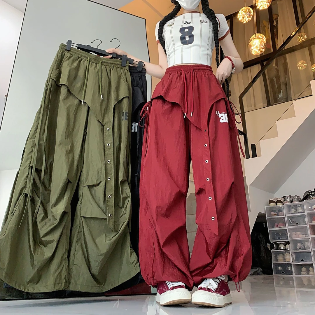 潮牌街舞速干凉感抽褶工装裤女夏嘻哈爵士舞设计感休闲长裤子