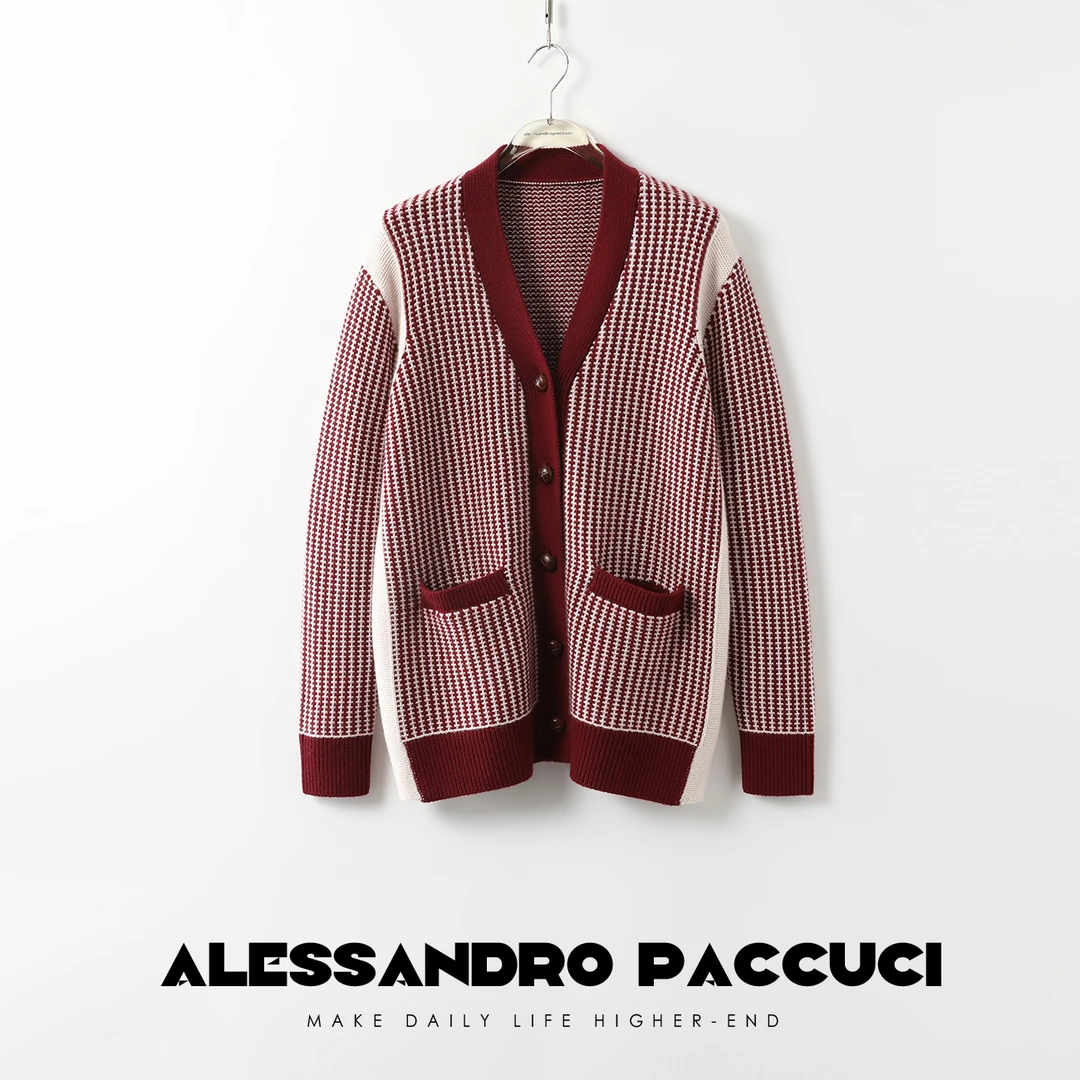 AP洛哥24654X羊绒+羊毛V领重工法式提花宽松时尚百搭针织开衫