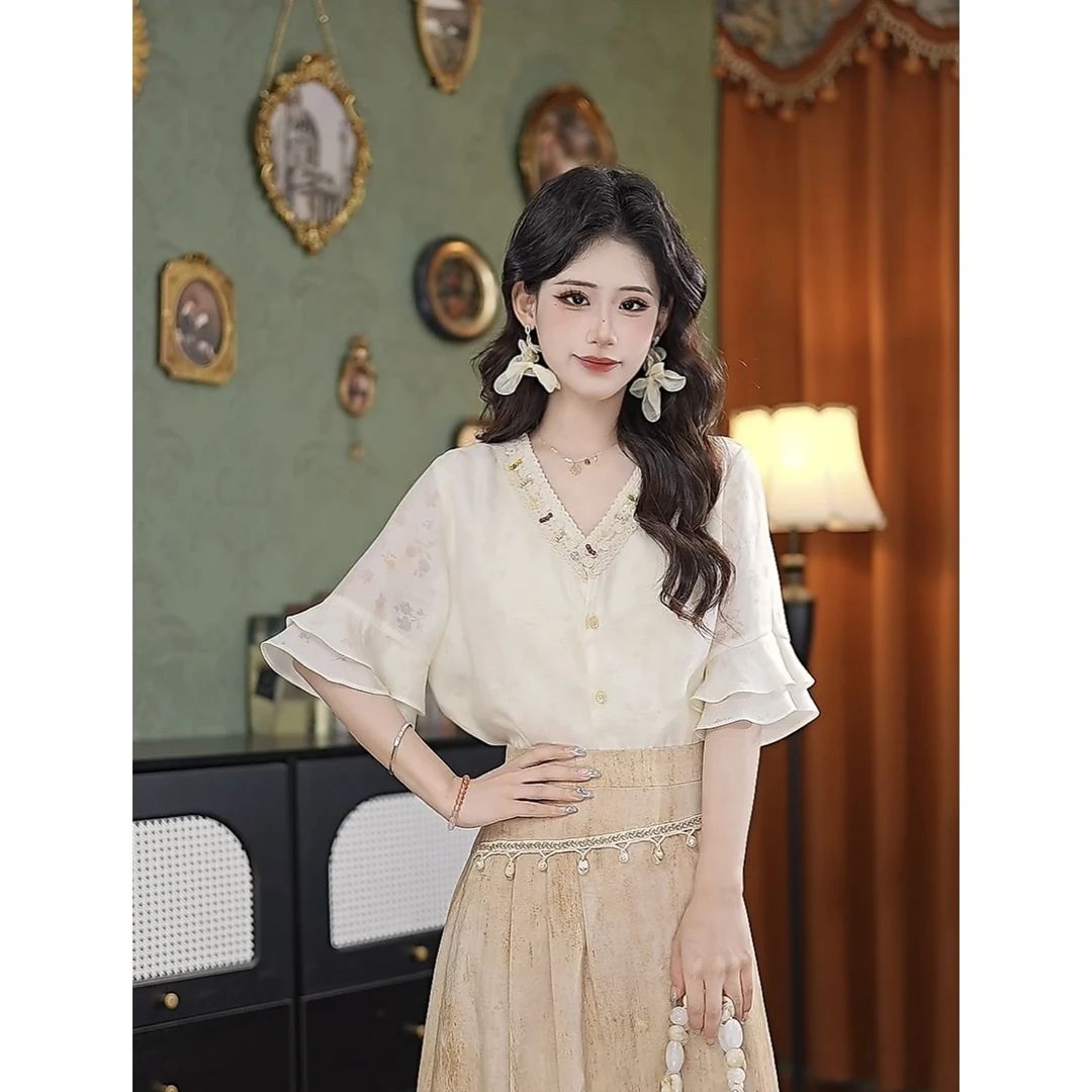 张嘉圆夏季新款显瘦小众气质时尚复古国风短袖衬衫女#4059