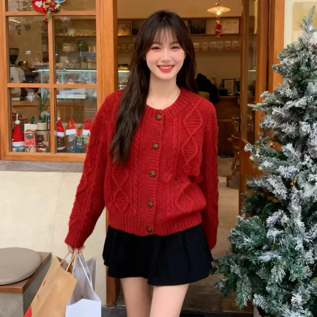 新年红麻花圆领针织开衫宽松排扣毛衣外套春秋冬中厚粗线女士