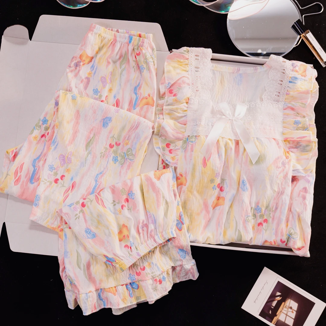 睡衣女夏季短袖套装新款薄款女士带胸垫宽松三件套家居服夏天