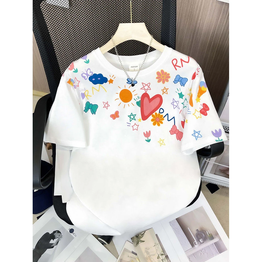 彩色特短袖男女个性欧货纯棉涂鸦爱心情侣T恤大码300斤印花上衣夏