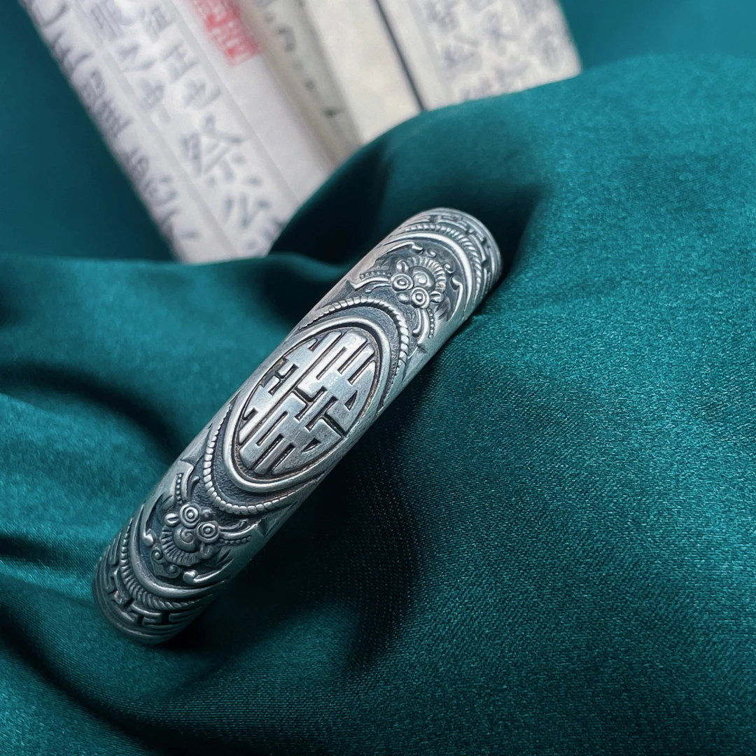 足银银制品 足银999  复古喜镯（纯手工定制不支持退货）