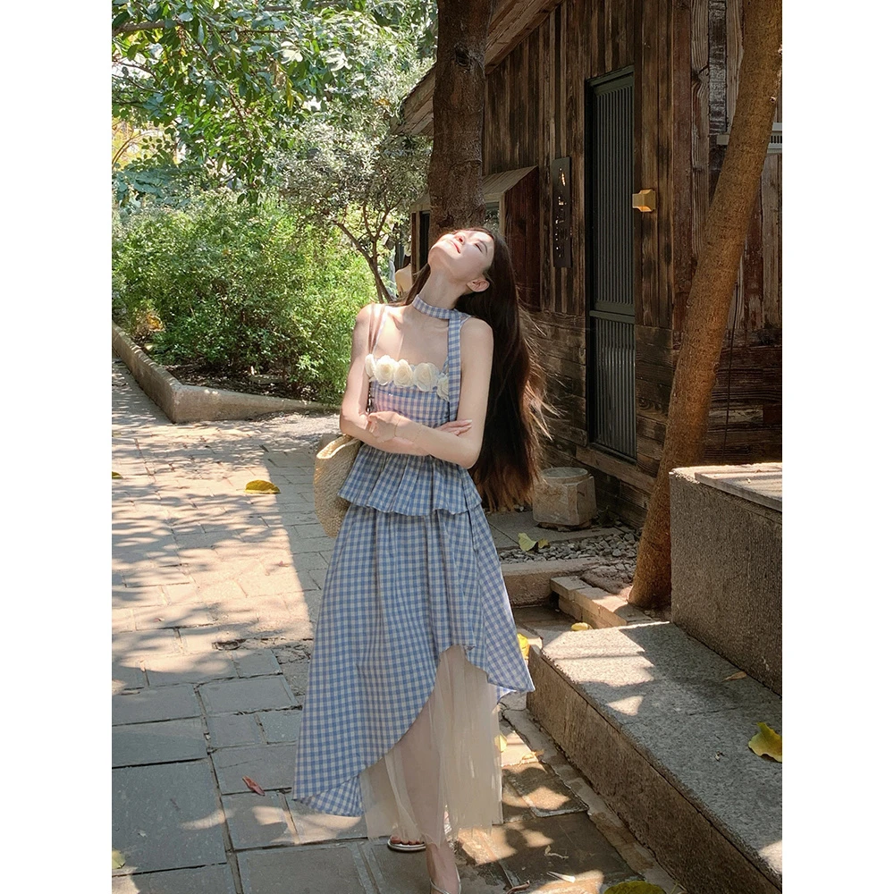 法式修身显瘦格子吊带网纱拼接不规则半身裙女2025夏季新款两件套