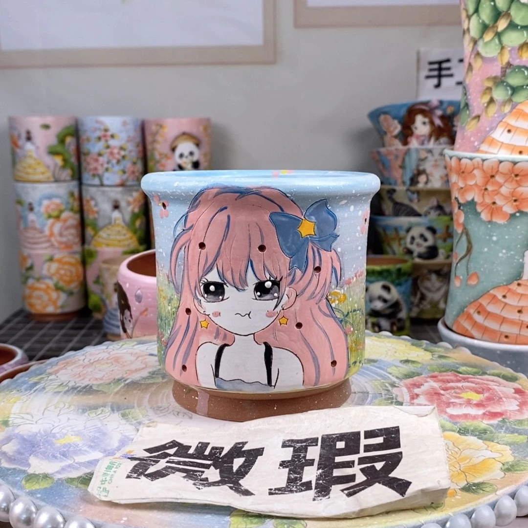 紫砂花盆红陶手绘盆