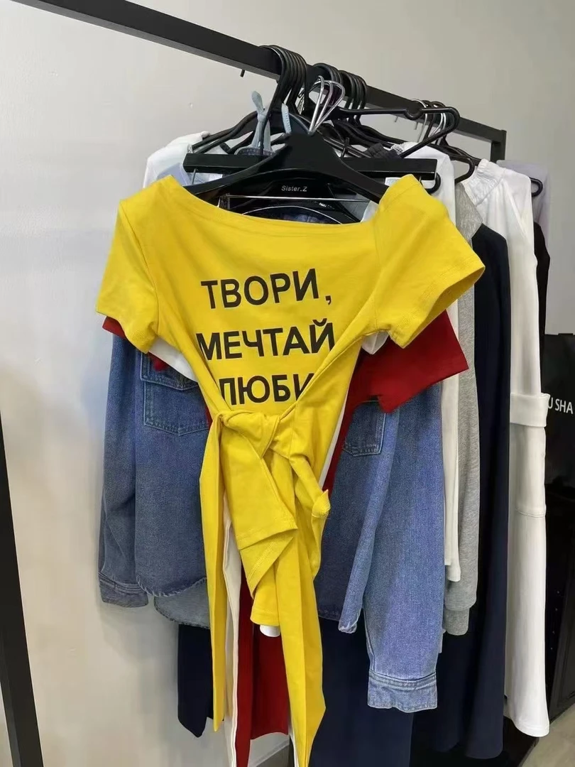 洁哥 新品辣妹绑带斜肩上衣