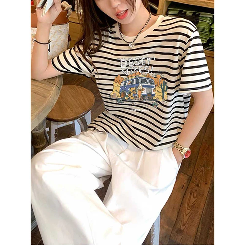 条纹正肩圆领短袖t恤女2025新款时尚百搭洋气上衣打底衫春夏秋季