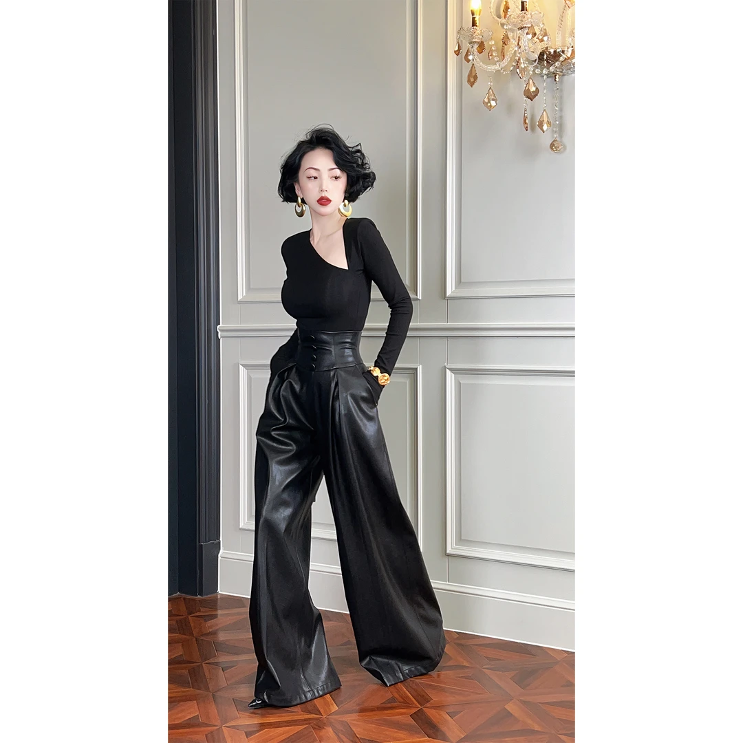 LYXJ【漫步伦敦夜】小众设计复古束腰秋季阔腿皮裤10535