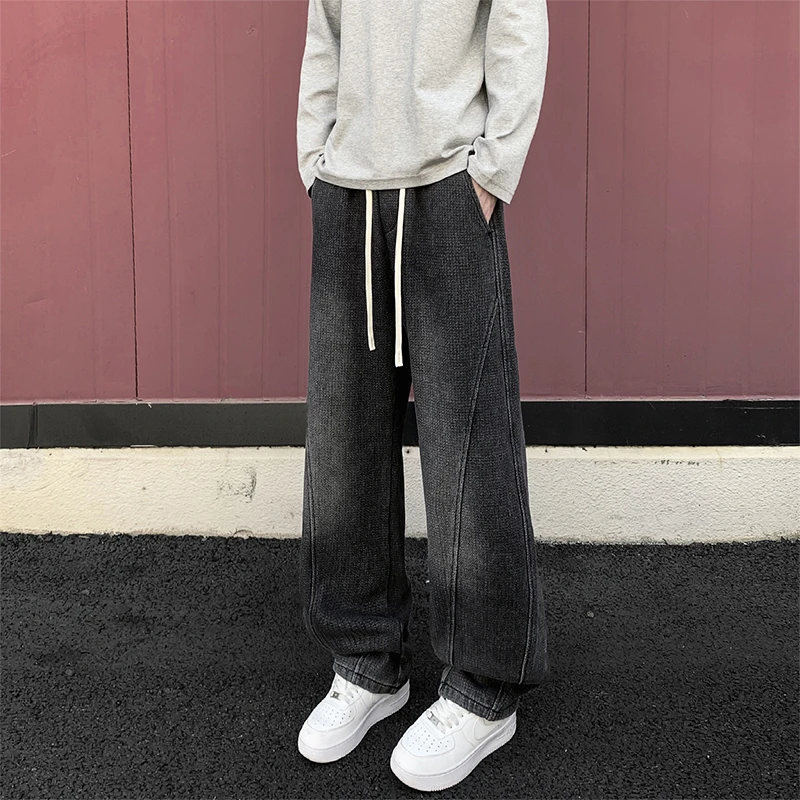 星空纹弯刀牛仔裤男拼接设计感美式高街vibe裤子宽松阔腿直筒长裤