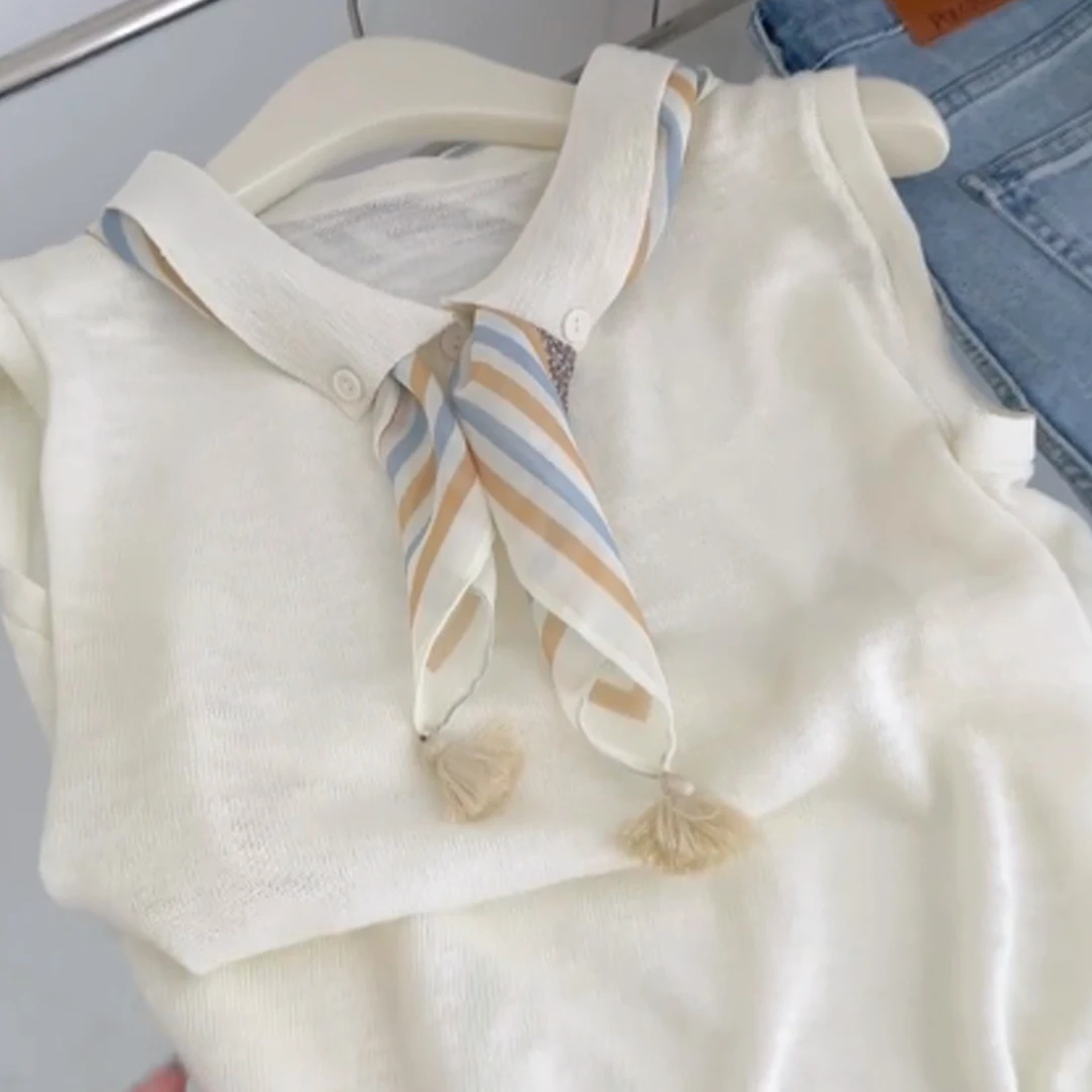 韩系气质学院风条纹丝巾短袖t恤女夏季新款超好看修身针织小上衣