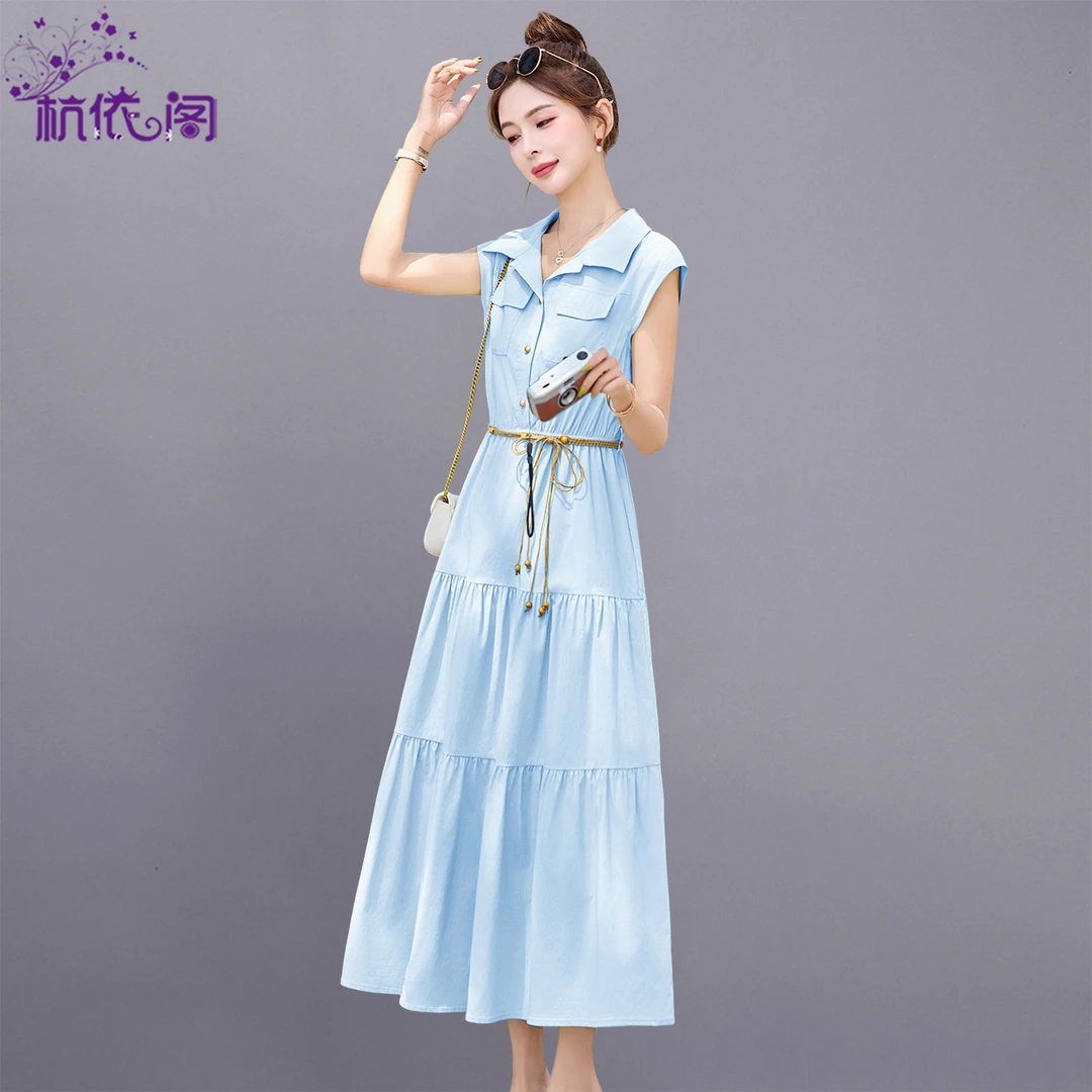 无袖衬衫连衣裙女夏长裙2025新款高级感气质收腰显瘦洋气减龄裙子