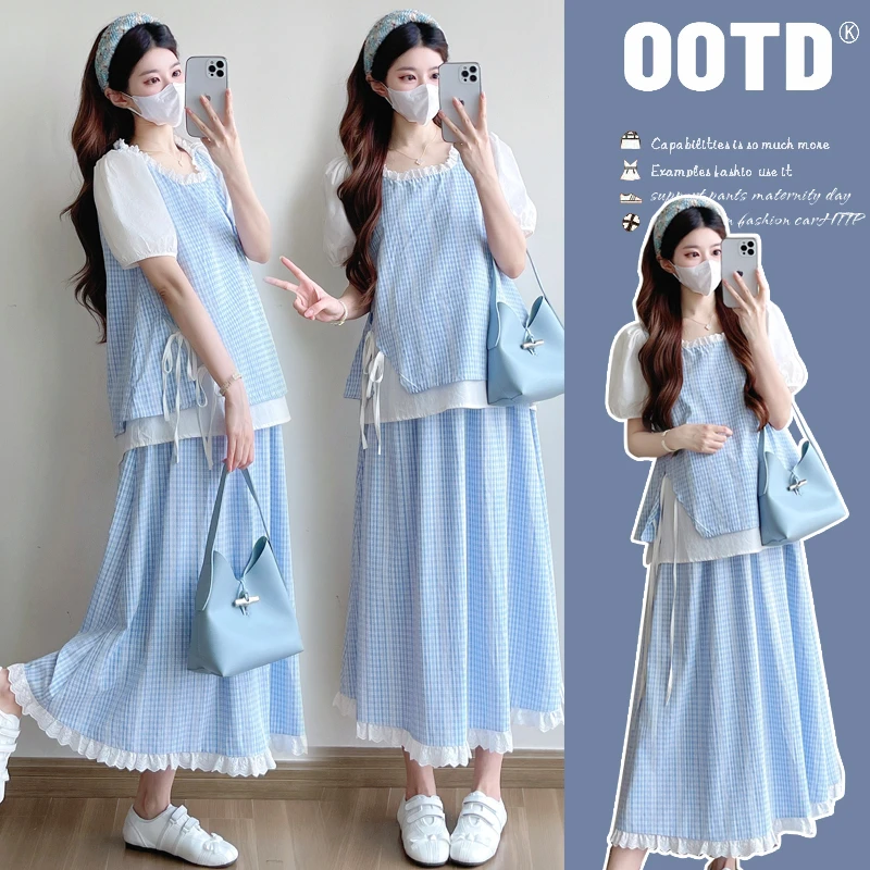 【丽丽家】夏季孕妇装套装格子提花假两件上衣+猪鼻扣半身裙两件套