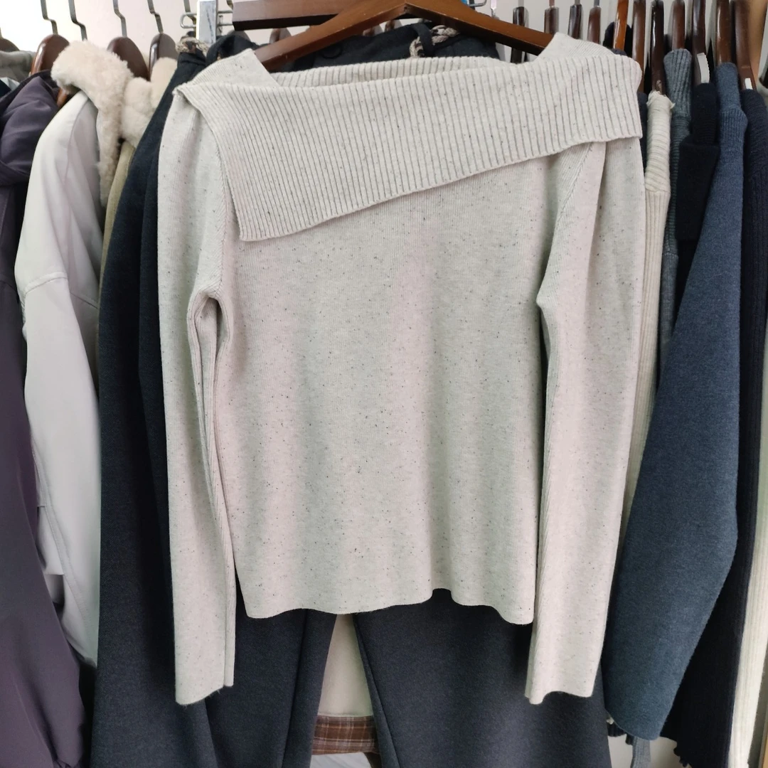 冬季一字肩针织毛衣新款女毛针织衫秋冬气质毛衣长袖米色灰色百搭