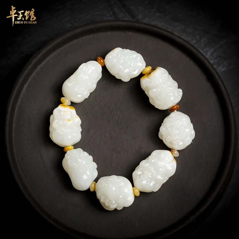 【卓玉馆】罗汉手串99g 和田玉脂白彩皮男士手链苏工名家